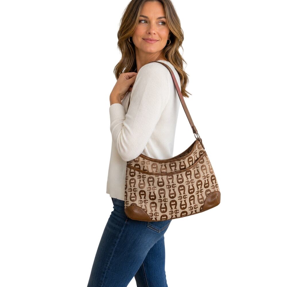 Etienne Aigner Brown Logo Jacquard Leather Shoulder Bag